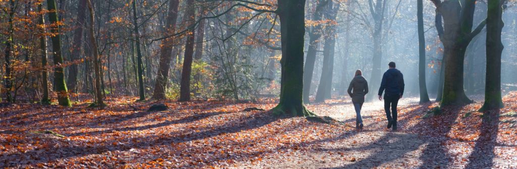 Header rouw en verlies duo bos herfst Training Wandelcoaching bij verlies en rouw